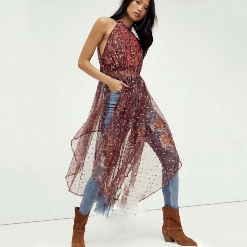 Free People Ria Sheer Embroidered Boho Midi Layering‎ Dress | Burgundy | Size L